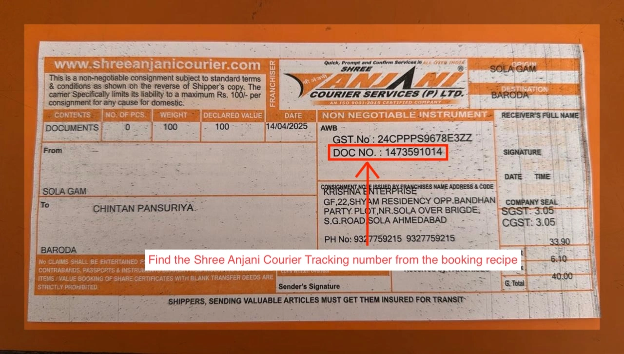 Shree Anjani Courier Booking Slip Example showing where to find the Docket Number