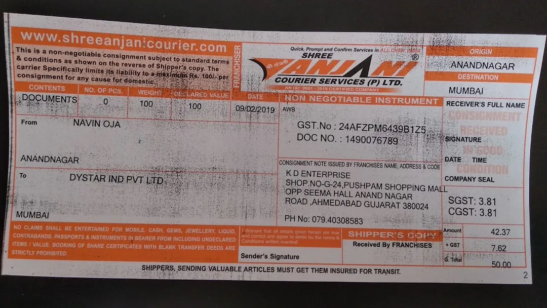 Sample consignment note showing tracking number
